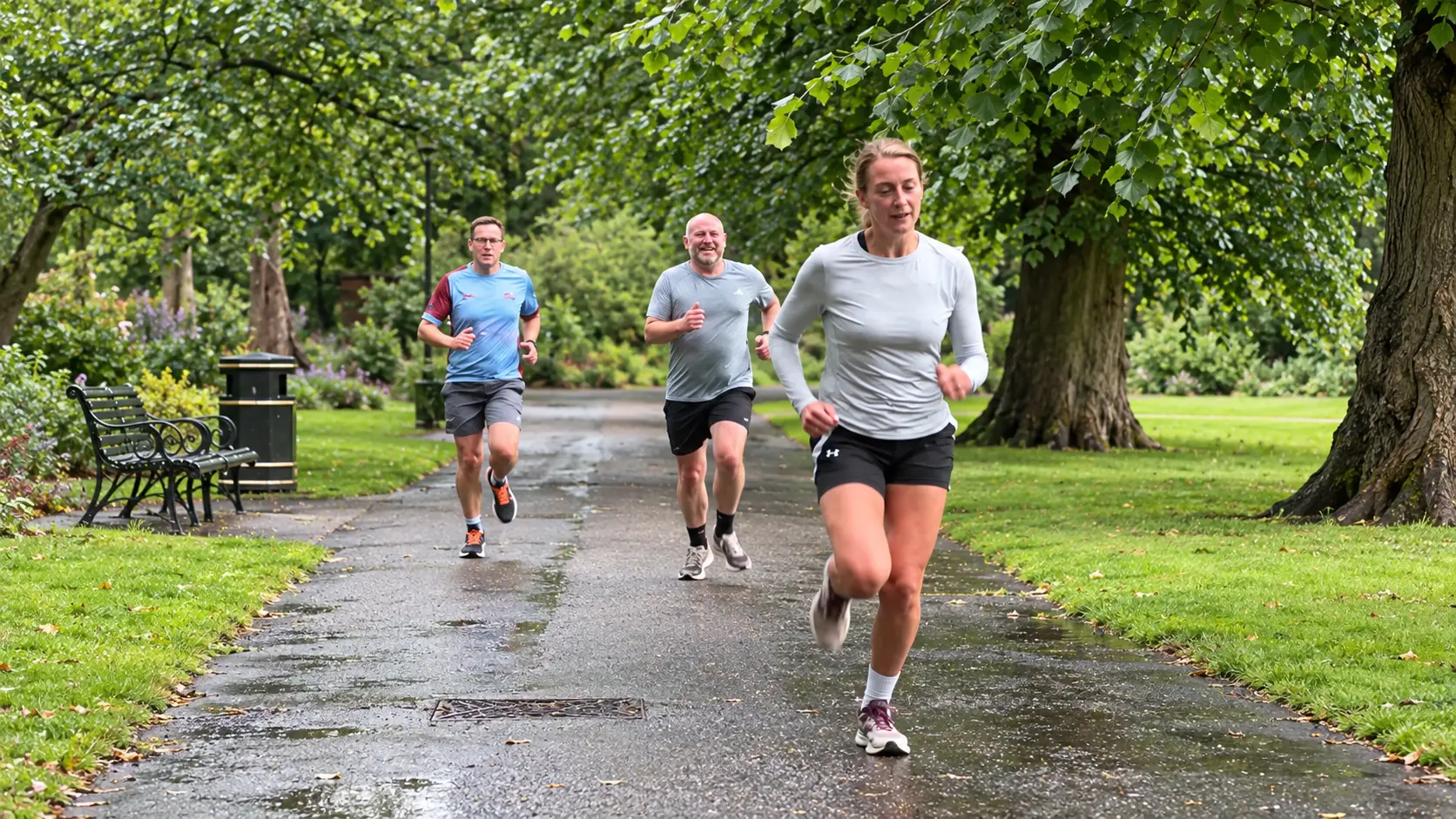 Three runners training together on a tree-lined park path