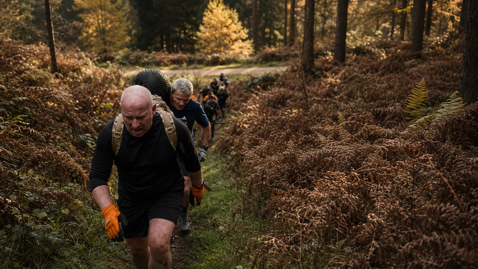 Reboot members carrying kettlebells up a forest hill near Lichfield