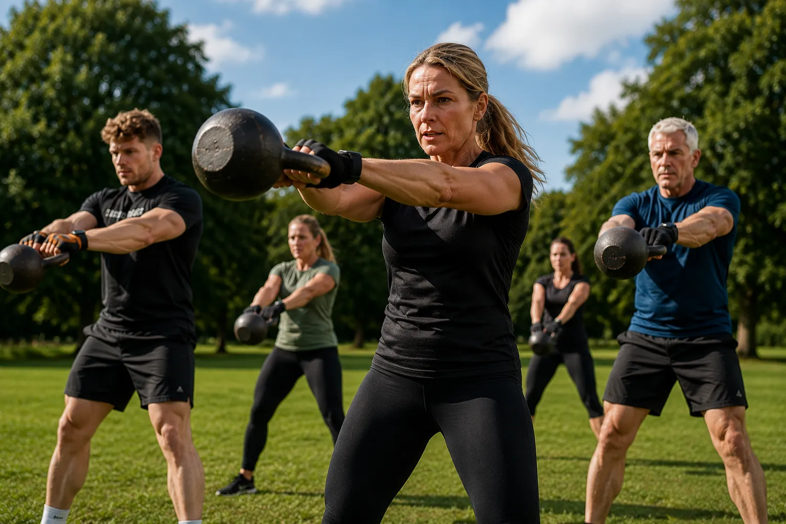Group kettlebell swings in formation during a bootcamp class in Beacon Park